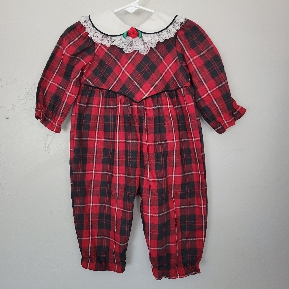 Vintage Baby Girl 6-9 Months Red Black Plaid Long Sleeve One Piece Outfit Girly
